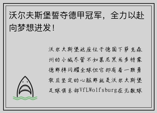 沃尔夫斯堡誓夺德甲冠军，全力以赴向梦想进发！